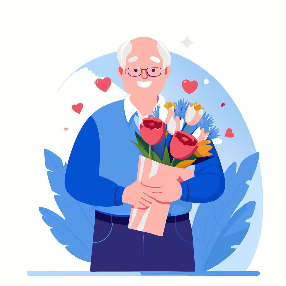 Smiling Senior man with a bouquet of flowers image. Cartoon style illustration vector