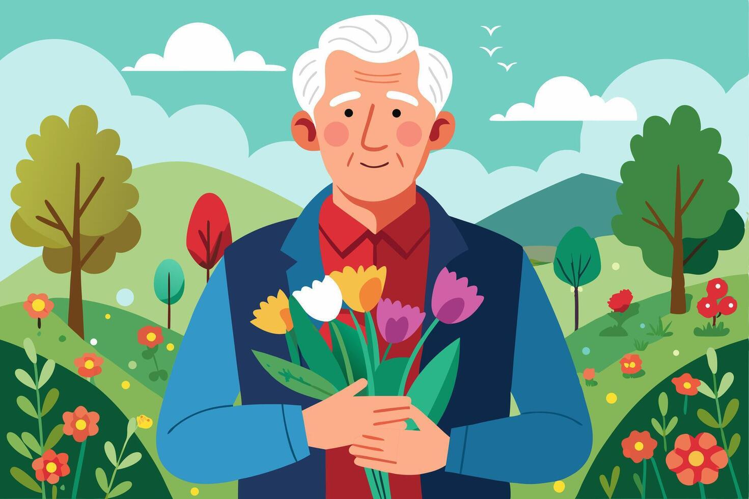 Senior man with flowers image. Flat illustration vector