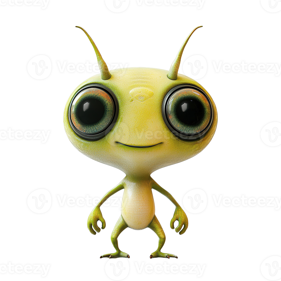 A charming cartoon extraterrestrial character with large expressive eyes is smiling png