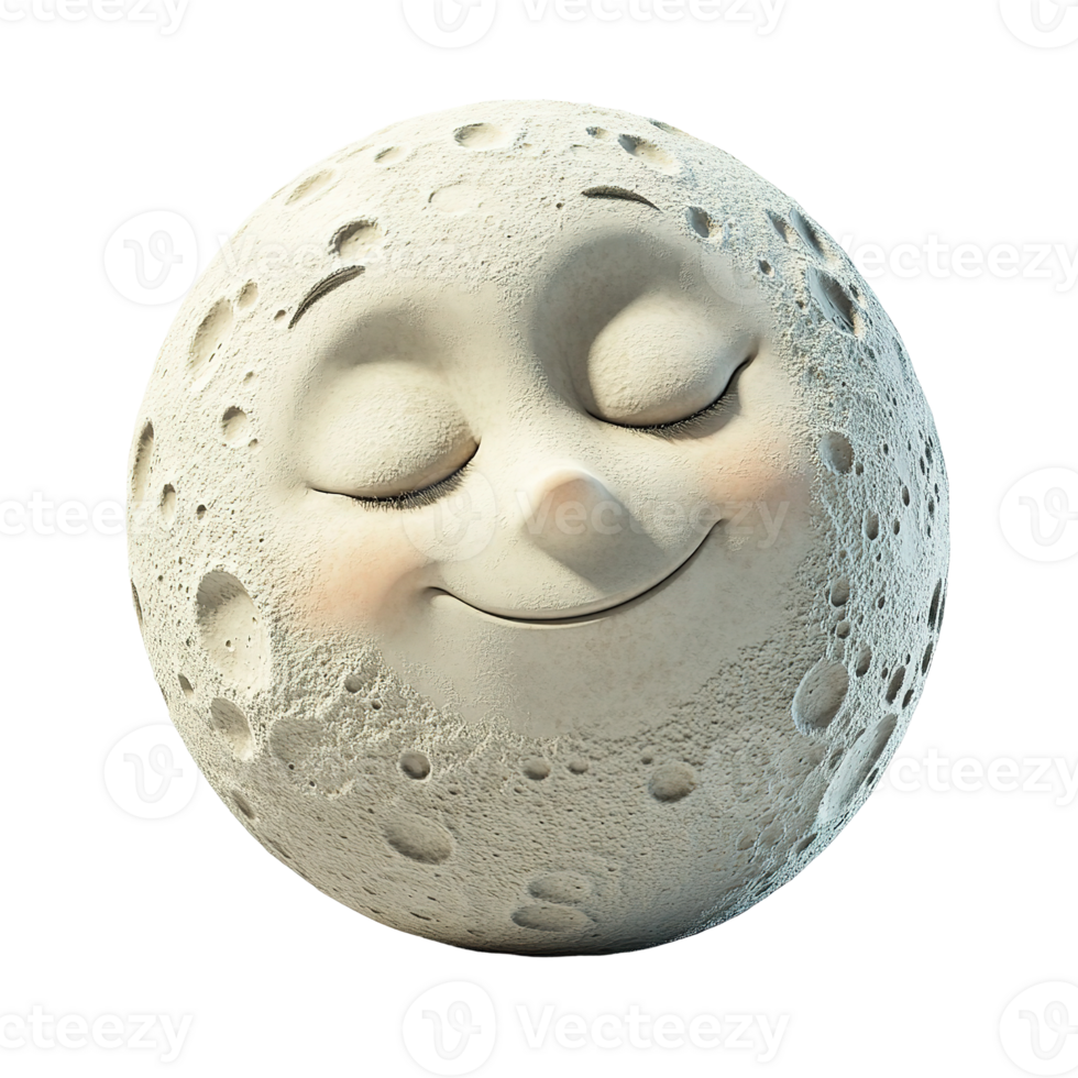 A smiling cartoon moon with closed eyes and rosy cheeks png