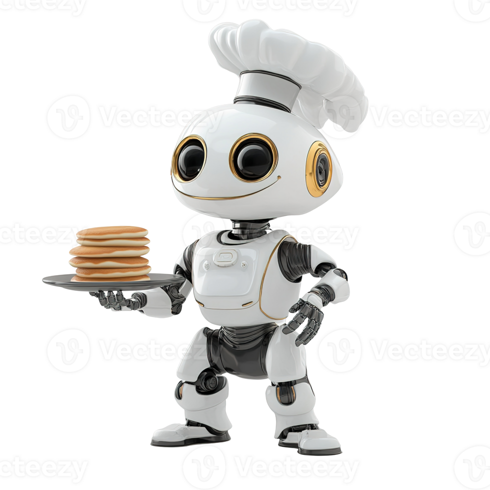 A robotic chef serves pancakes on a metallic serving tray png