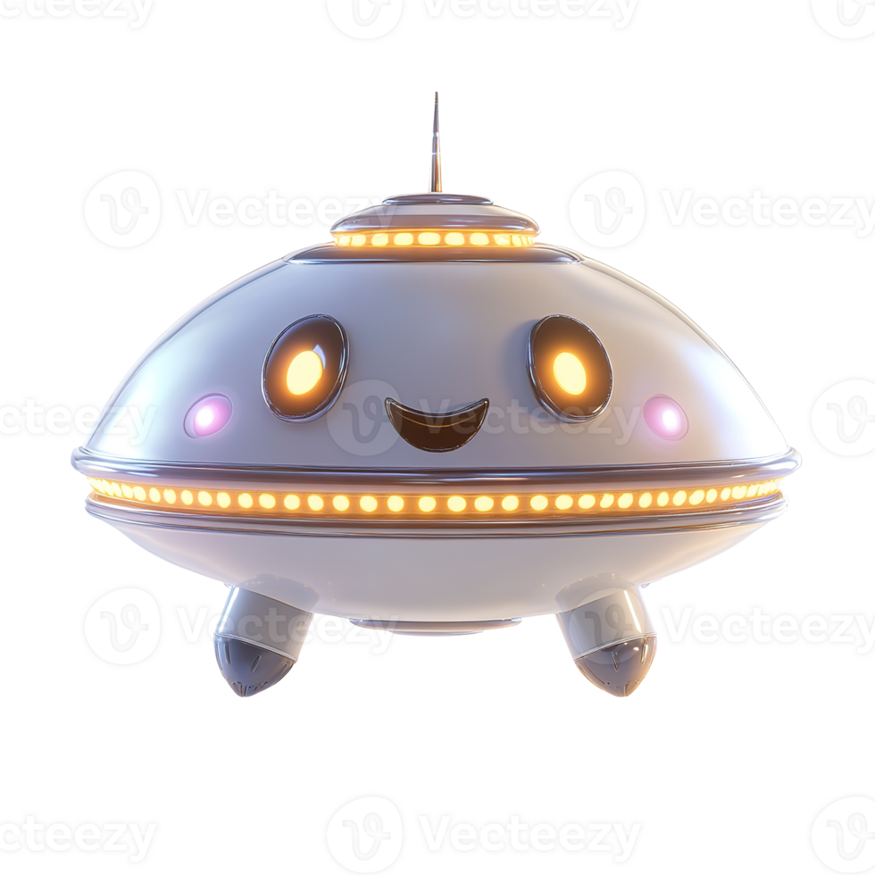 A friendly spaceship with lights and a smiling happy face png
