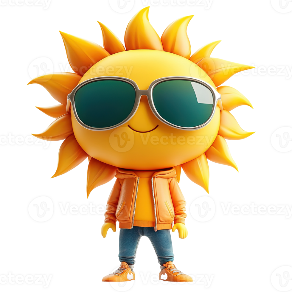 A cheerful animated sun character wearing cool sunglasses and clothing png
