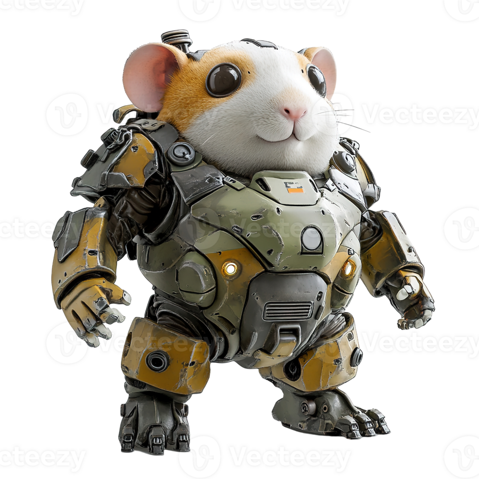 A small hamster wearing advanced robotic militarygrade armor png