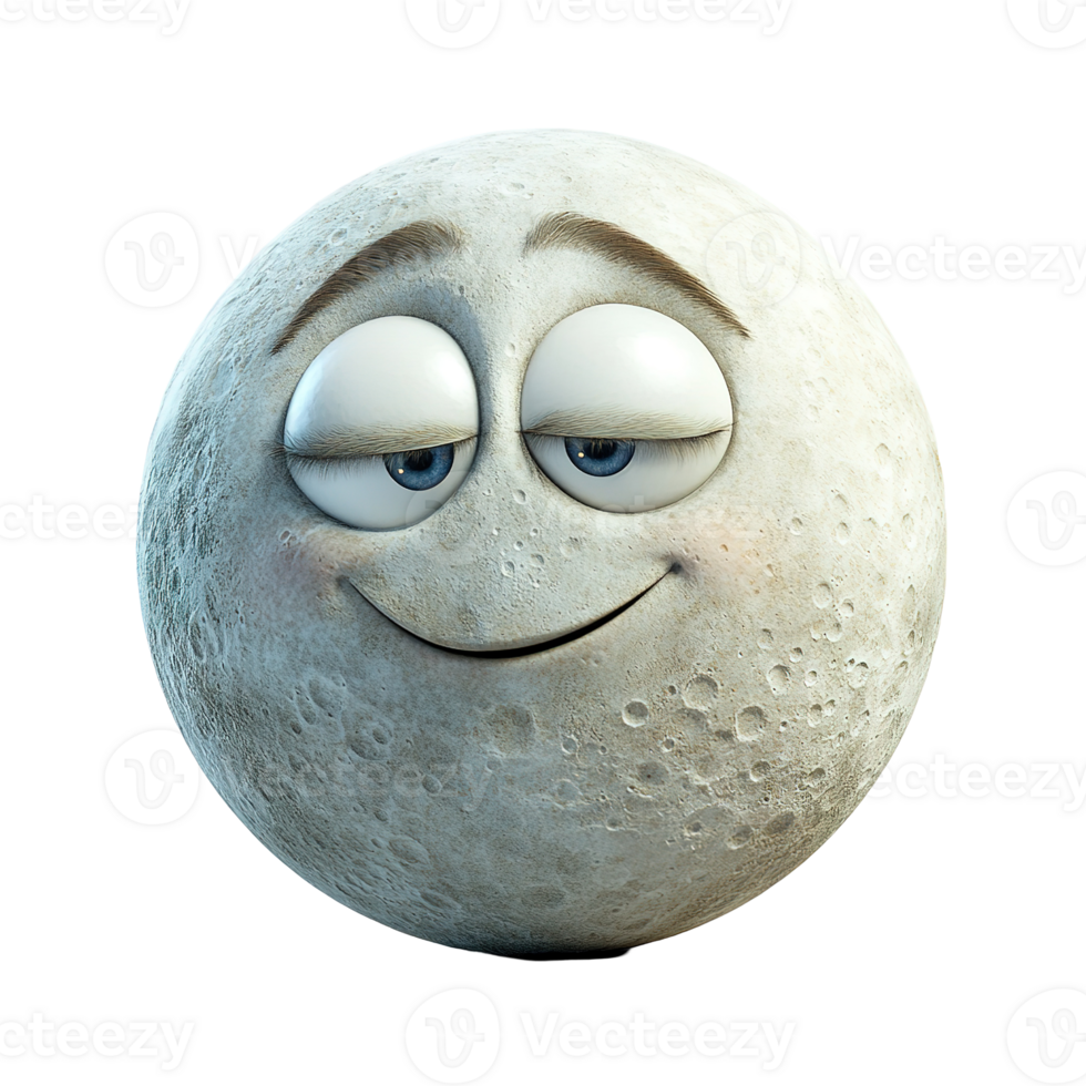 A Smiling Moon with Blue Eyes and Expressive Eyebrows png