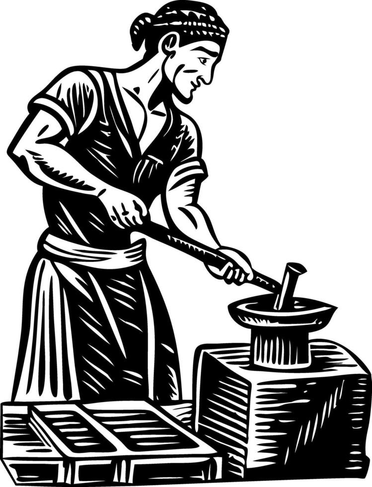 An old black and white illustration of a man working on a vector