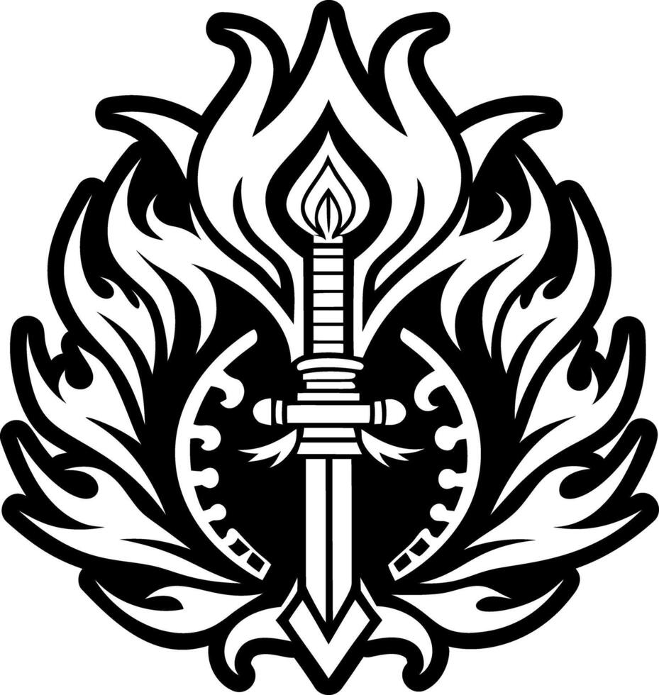 A black and white logo with a sword and flame vector