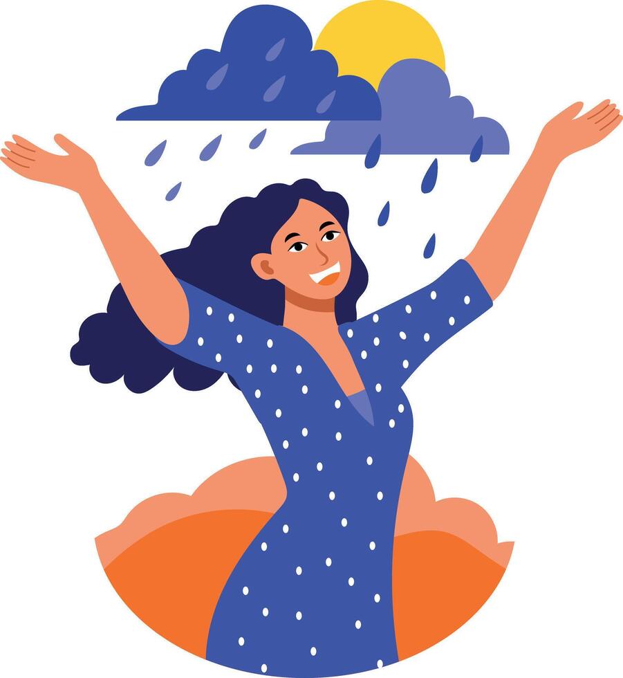 A flat style illustration of a girl doing a rain dance vector