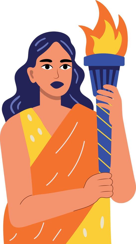 Flat style illustration of a female character holding freedom torch vector