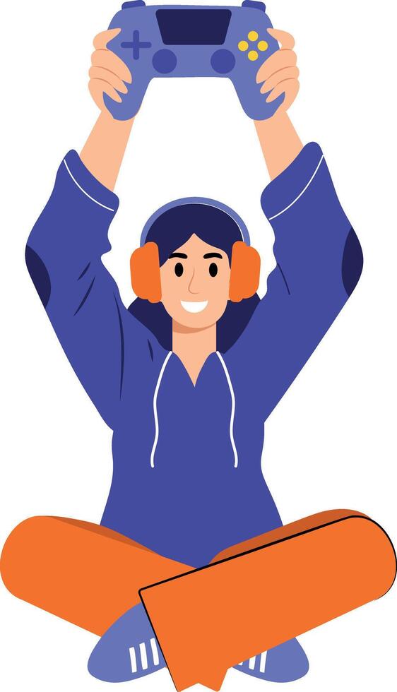A flat style illustration of a female gamer holding a gamepad vector