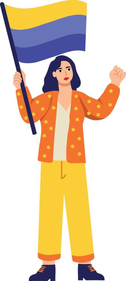 A woman holding flag in hand, flat style illustration vector