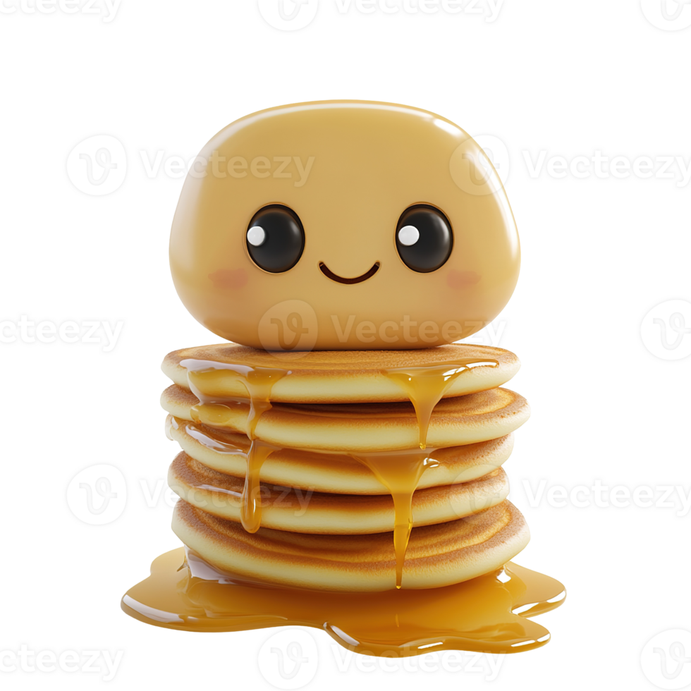 A smiling character sits atop a stack of delicious pancakes png