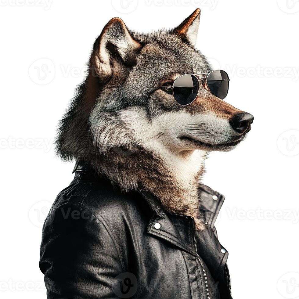 A wolf wearing sunglasses and a black leather jacket poses png