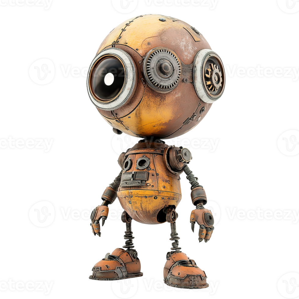 A rusty metal robot standing upright looking directly at the viewer png