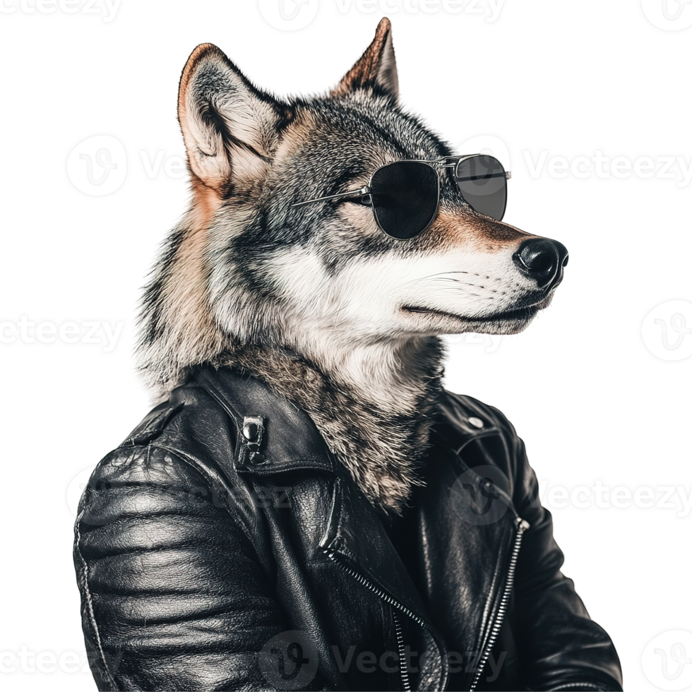 A cool wolf is wearing sunglasses and a leather jacket png