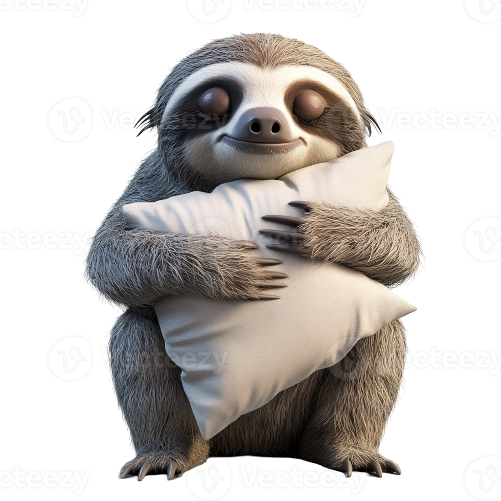 A cute sloth appears to be sleeping while hugging a pillow png