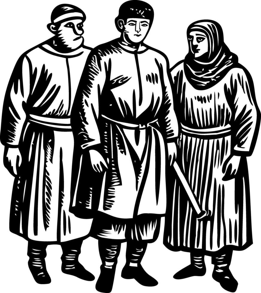 Three people in medieval clothing vector