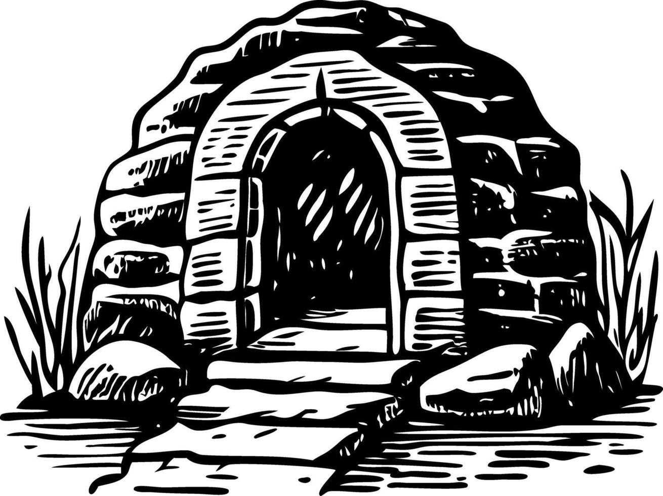 An old stone house with steps and a door vector