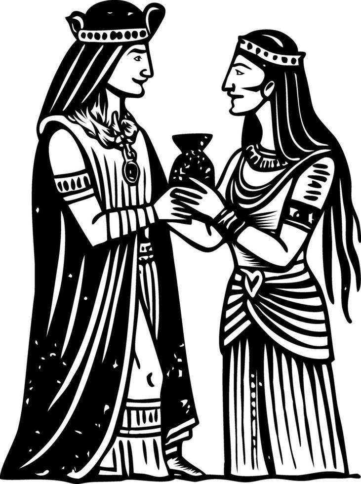 A black and white drawing of two women holding a pot vector