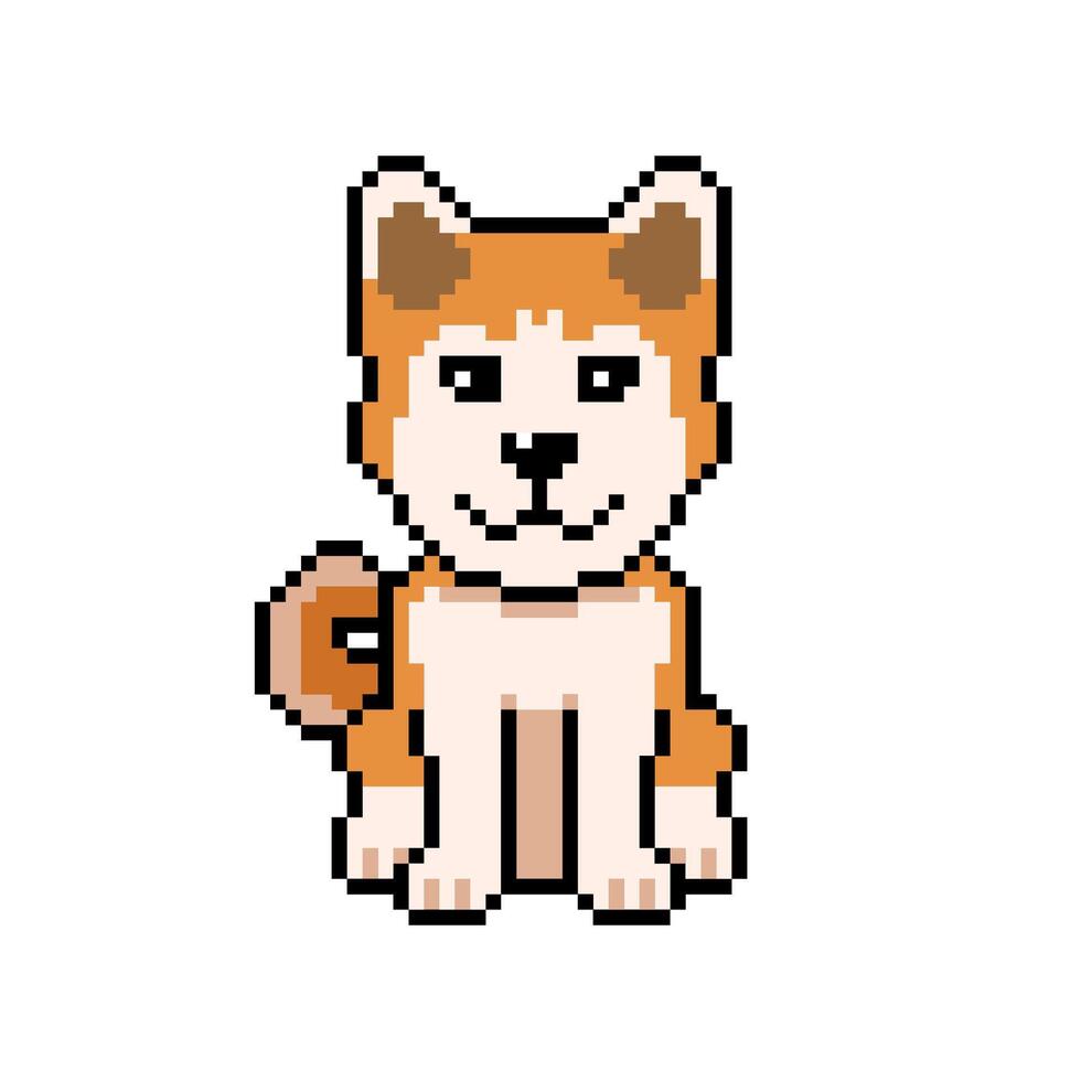Pixel art cute akita inu dog in retro style for design. vector