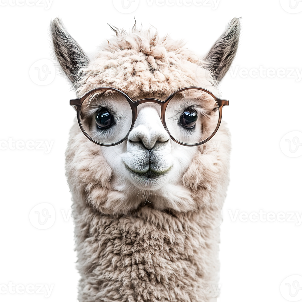 The adorable alpaca wearing glasses with an engaging and charming expression png