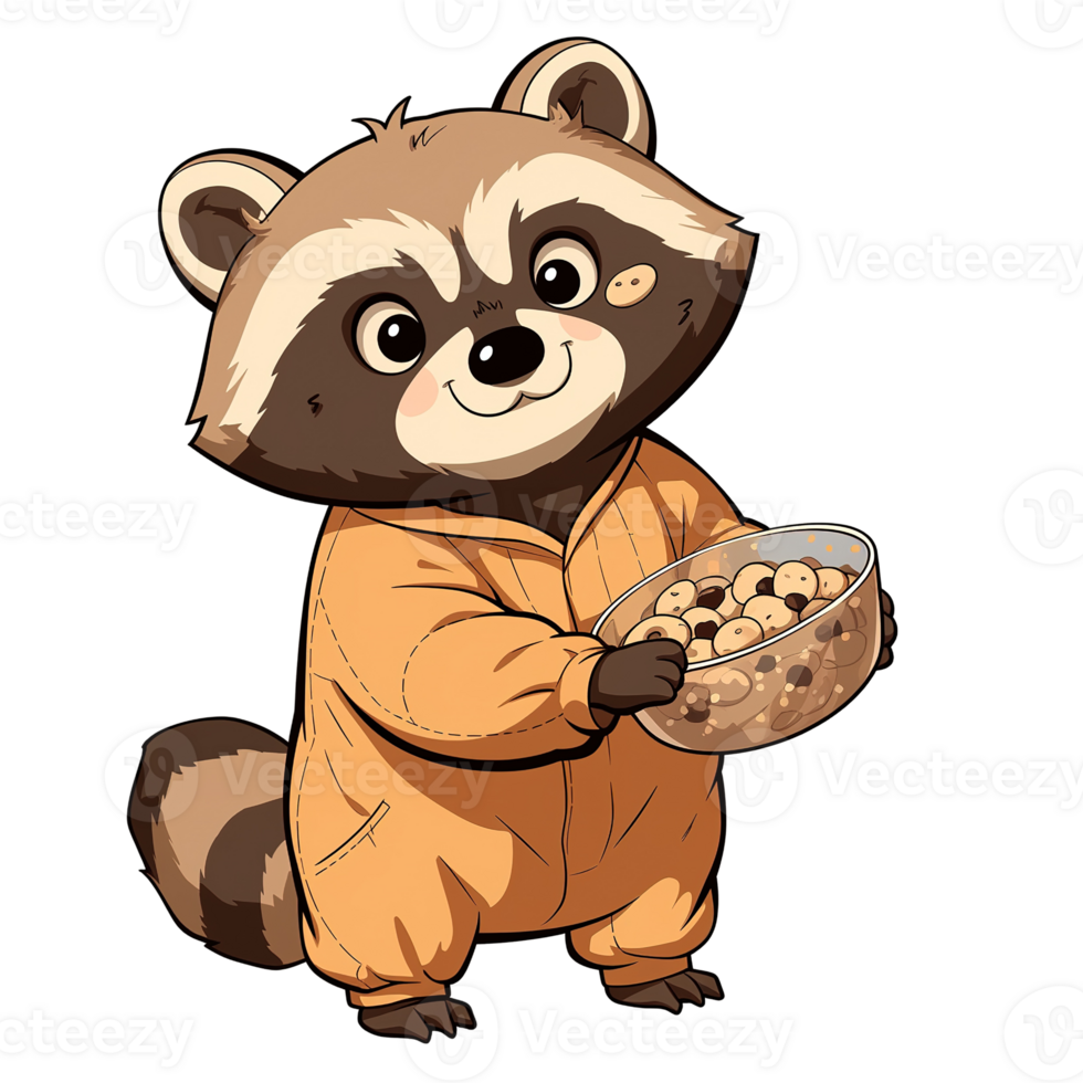 A friendly raccoon character offering a bowl of small round treats png