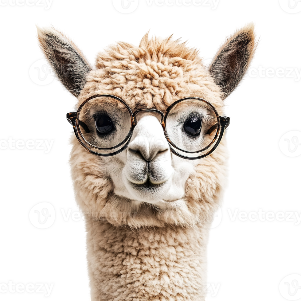 A cute llama wearing glasses looks directly at the camera png