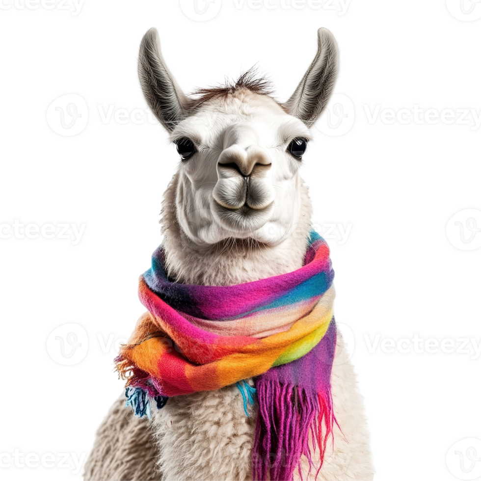 A friendly llama wearing a colorful scarf stands patiently png