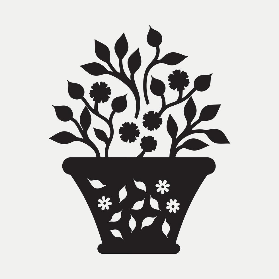 Black and white Silhouette, flower basket, floral arrangement, decorative flowers, stylized botanical design vector