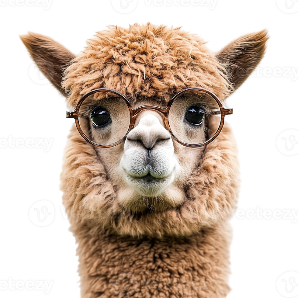 A brown alpaca wearing spectacles is looking directly at the viewer png