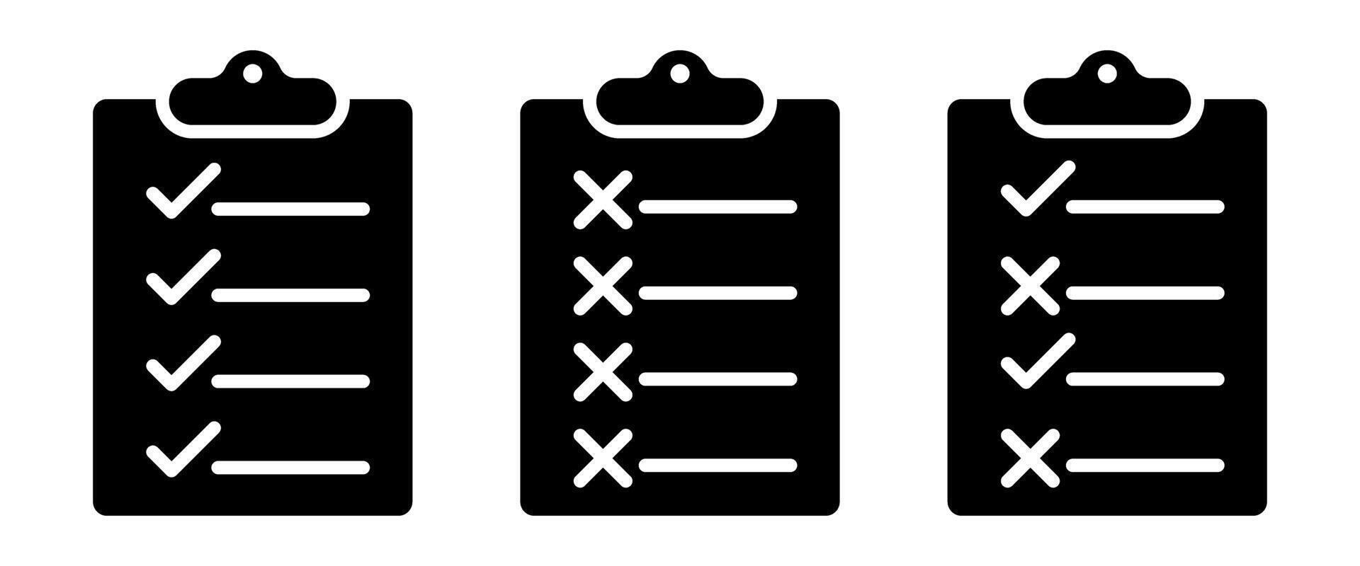 Task status checklist icons. Black clipboard symbols with checkmarks and X marks representing completed, failed, and mixed items for apps, websites, presentations, or productivity tools vector