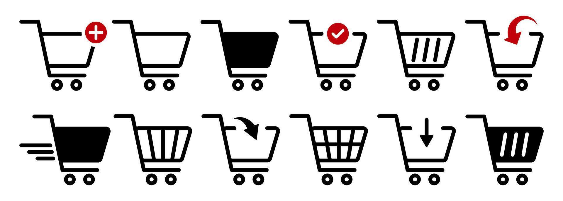 Shopping Cart Icon Set. E-commerce Symbols for Add, Checkout, Remove, Buy, Speed, Arrow, and Basket. Minimal Line Icons Collection for Web, Mobile UI, and Online Store Interfaces. vector