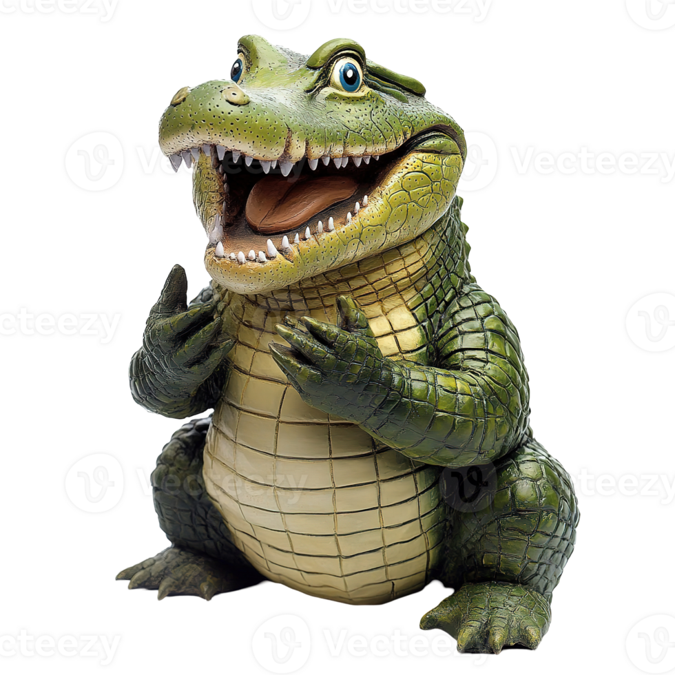 A smiling green alligator sculpture with open mouth and raised hands png