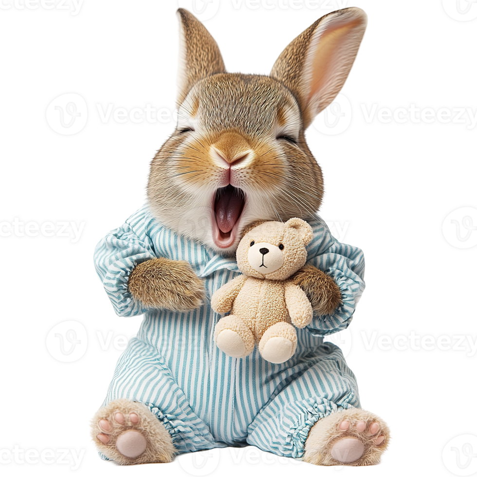 A sleepy bunny wearing pajamas holds a small teddy bear png