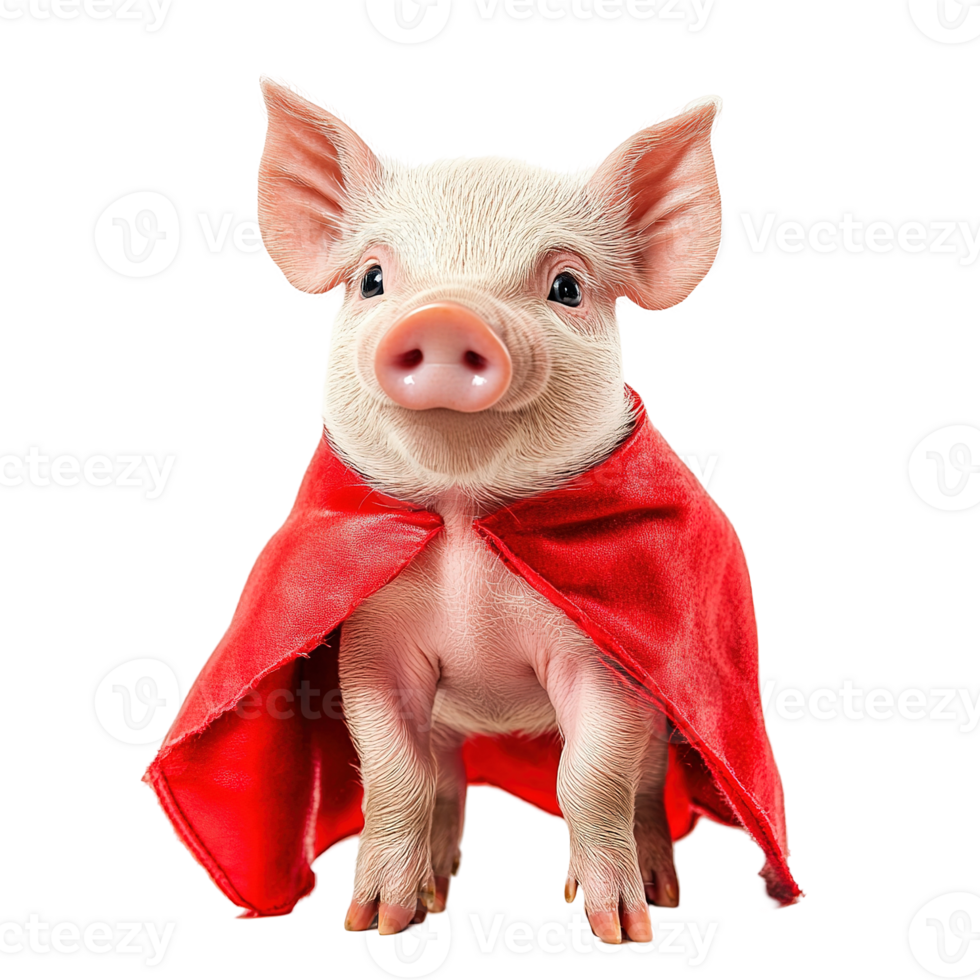 A small piglet wearing a red cape is smiling and posing png