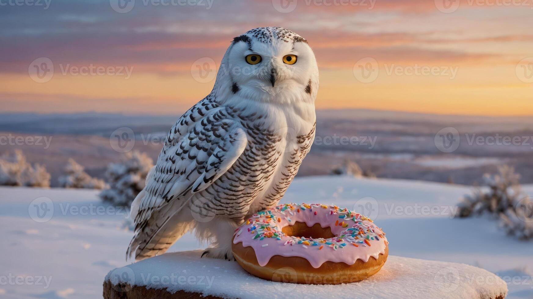 A snowy landscape featuring a snowy owl beside a pink frosted donut. photo