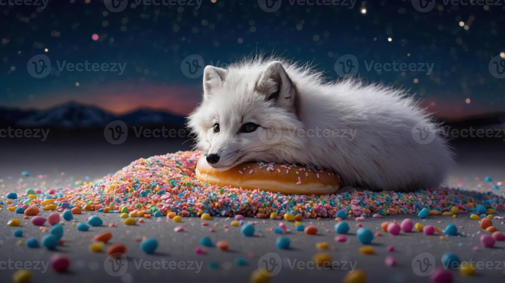 A fluffy white fox rests on a donut surrounded by colorful sprinkles in a whimsical setting. photo