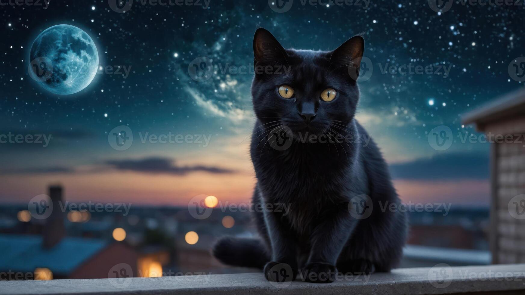A black cat sits on a ledge against a starry night sky with a large moon. photo