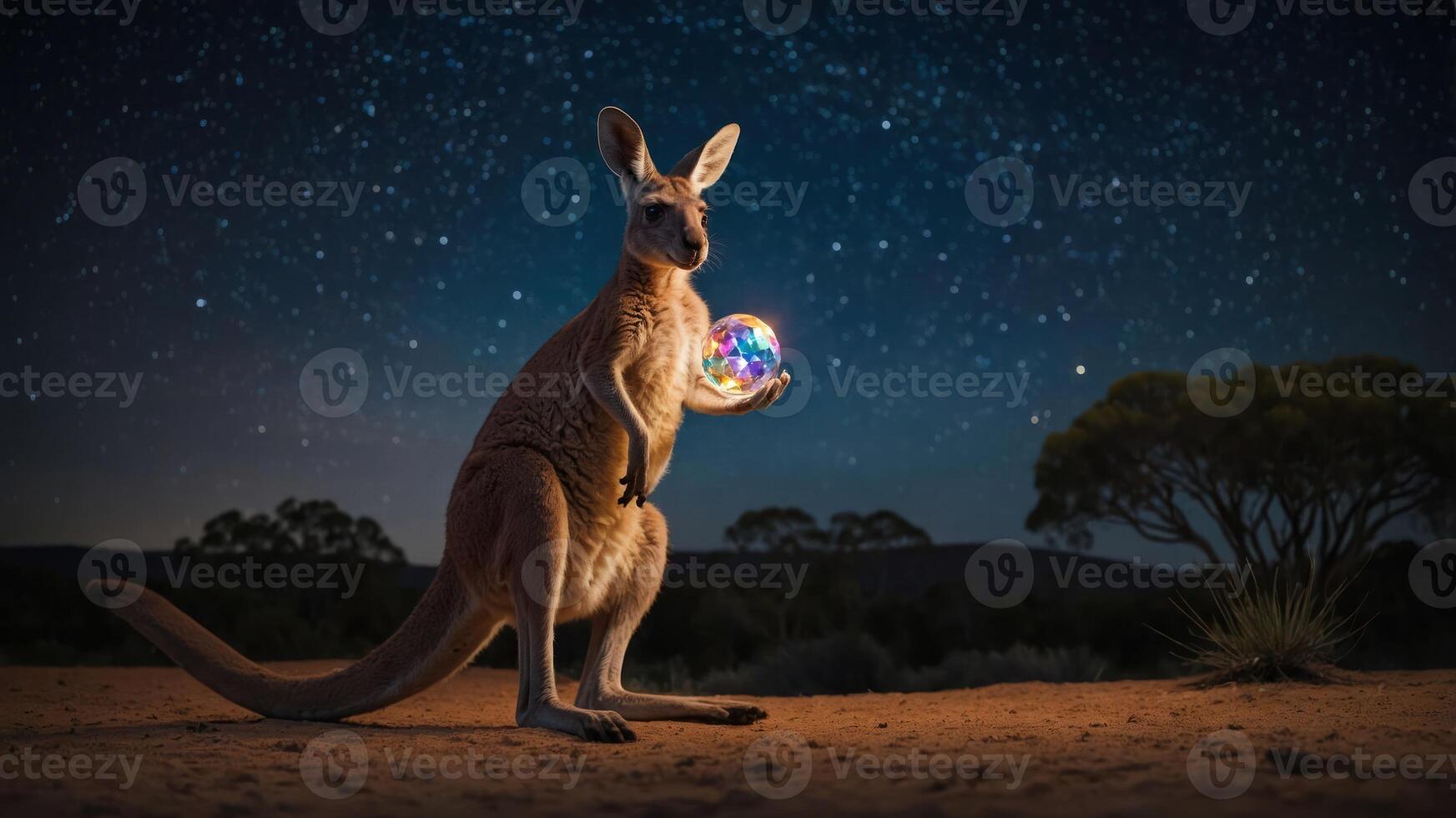 A kangaroo holding a glowing orb under a starry night sky in a desert landscape. photo