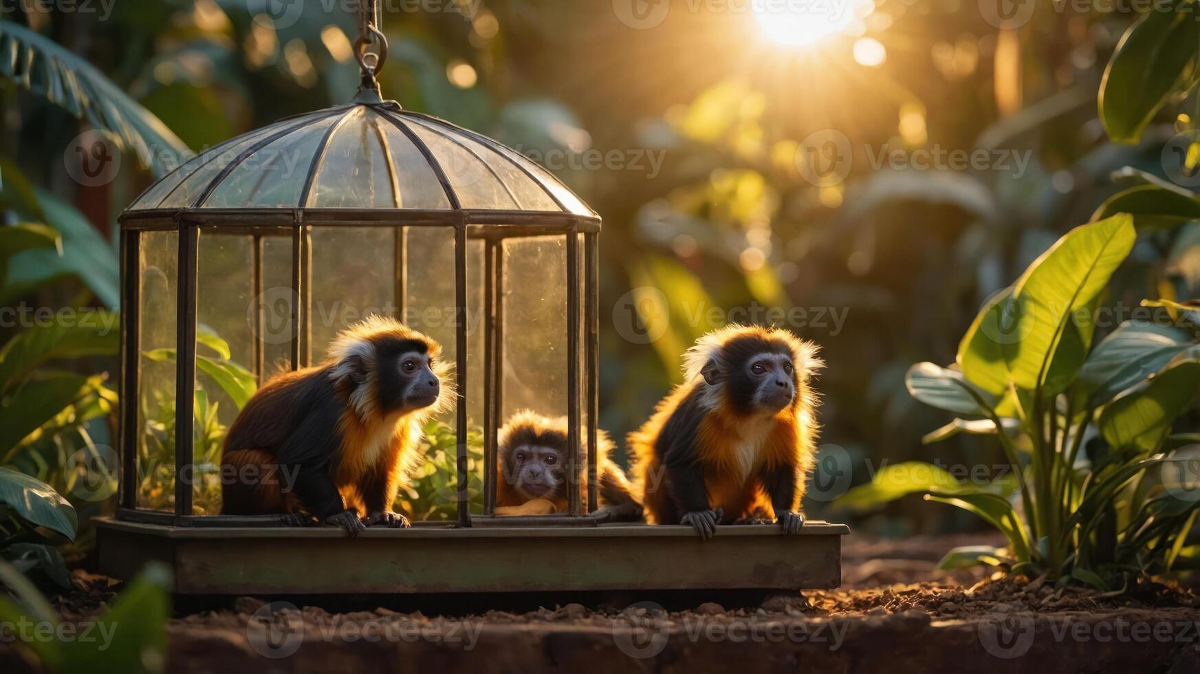 Three monkeys in a glass enclosure surrounded by lush greenery and sunlight. photo