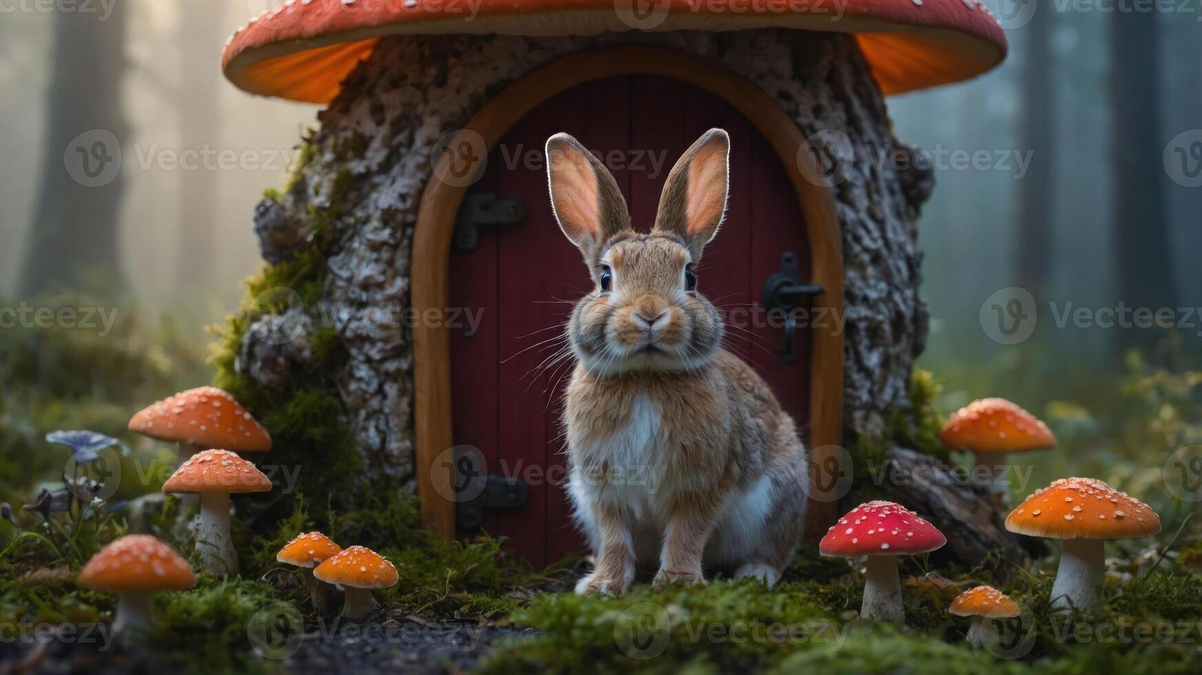 A whimsical rabbit sits in front of a mushroom house surrounded by colorful mushrooms. photo