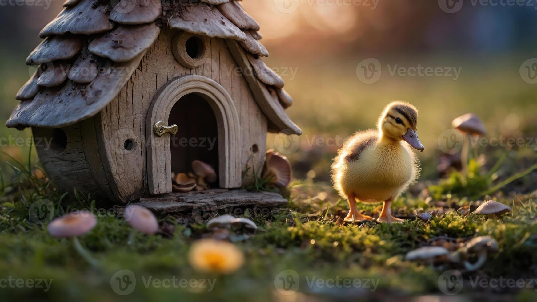 A cute duckling stands near a whimsical birdhouse in a serene outdoor setting. photo