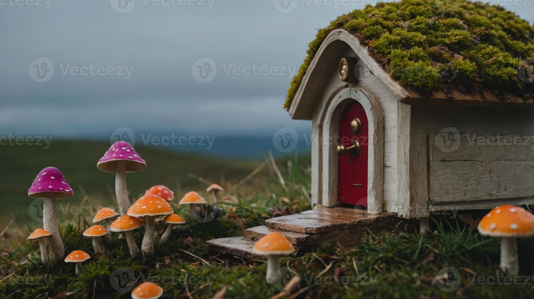A whimsical miniature house surrounded by colorful mushrooms in a natural setting. photo