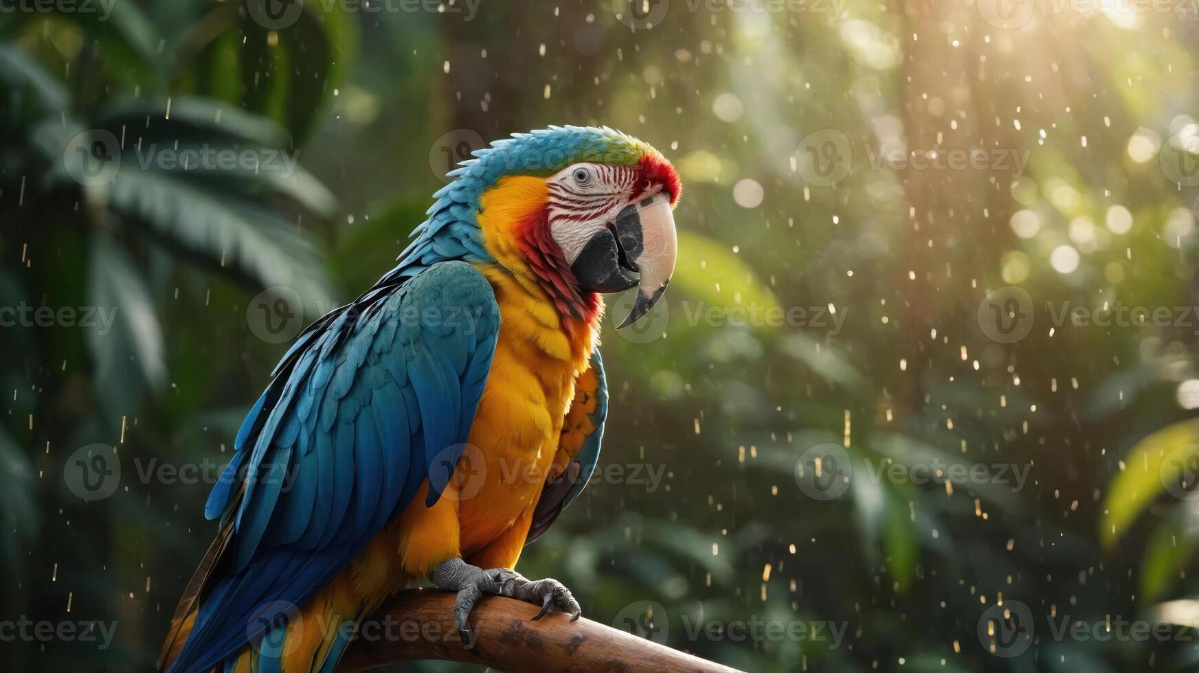A colorful parrot perched in a lush, rain-soaked environment, showcasing nature's beauty. photo