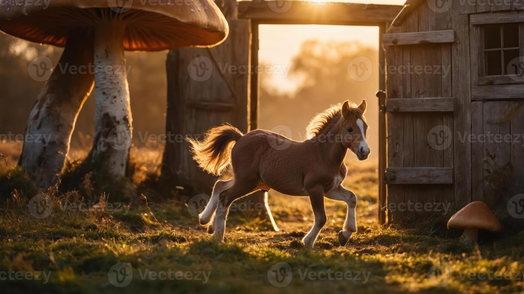 A playful foal runs through a rustic doorway, surrounded by oversized mushrooms at sunset. photo