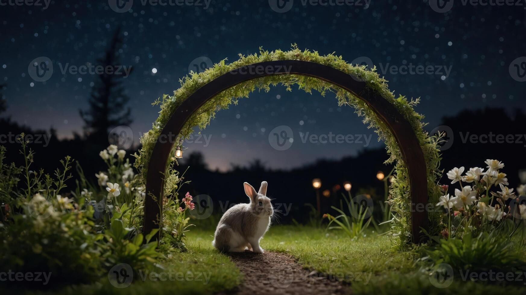A serene night scene featuring a rabbit under a starry sky and a floral archway. photo