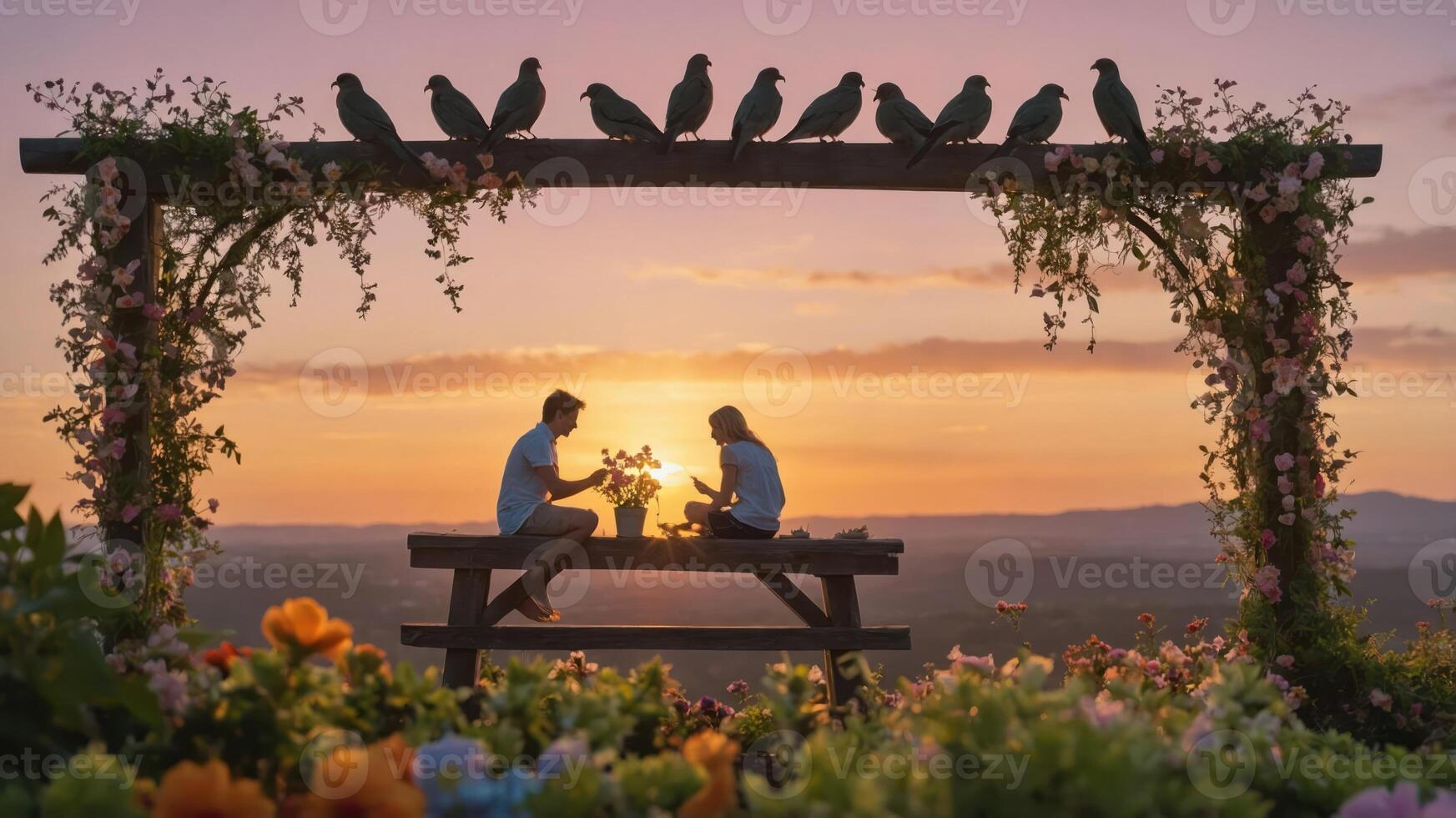 A romantic sunset scene with a couple sharing a moment under a floral arch. photo