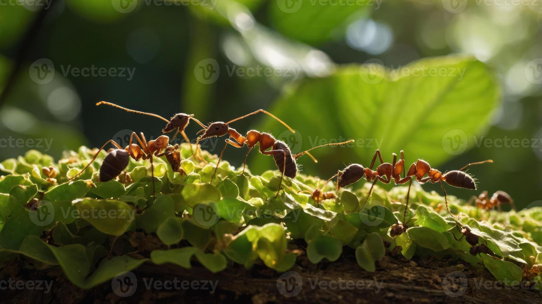 Ants foraging on green foliage in a natural setting. photo