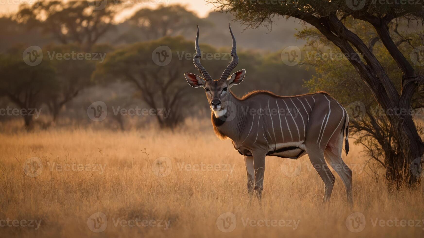 A kudu standing in a sunlit savannah, showcasing its striking horns and stripes. photo