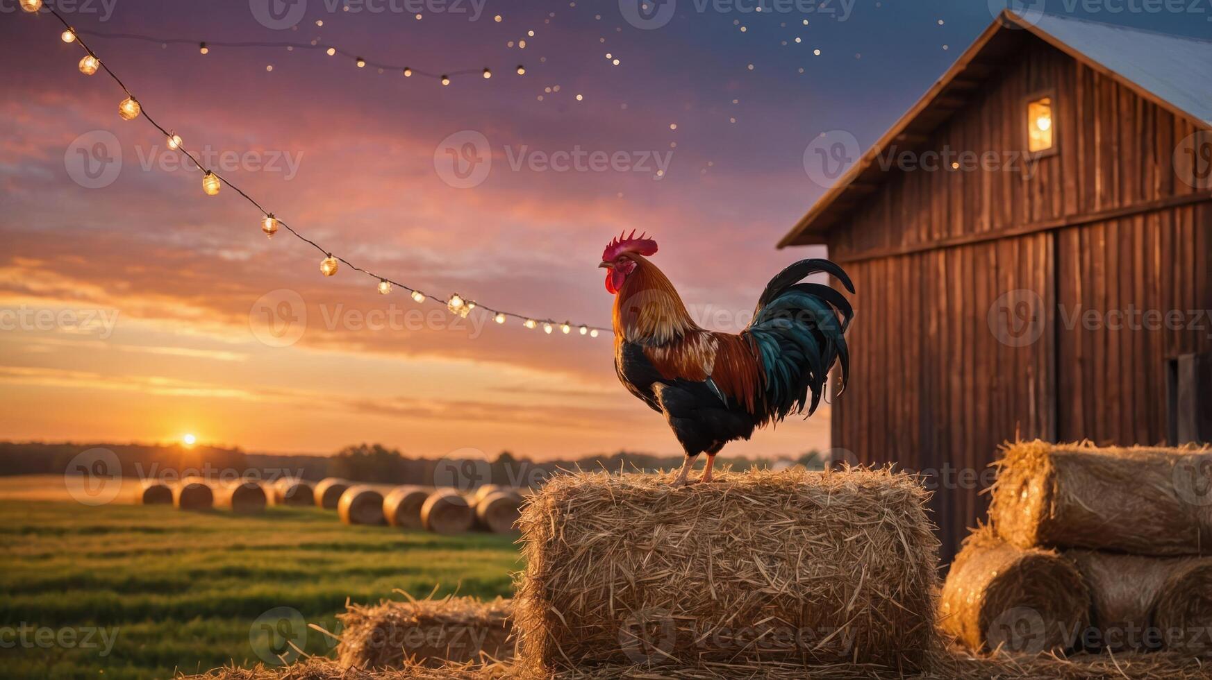 A rooster stands on a hay bale at sunset near a barn, creating a serene farm atmosphere. photo